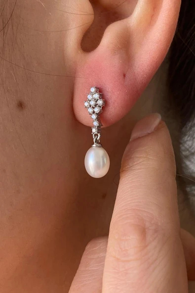 7,5 mm Dörtgen Taşlı Doğal İnci Sallantılı Küpe - Resim 2