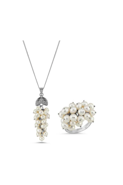 4,5 mm Üzüm Salkımı Doğal İnci Kolye Yüzük İkili Set - 6