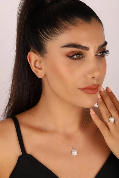 Doğal İnci Taşlı Küpe Kolye Yüzük Üçlü Set - 3