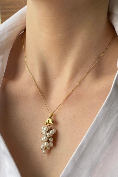 4,5 mm Üzüm Salkımı Doğal İnci Kolye Yüzük İkili Set - 2