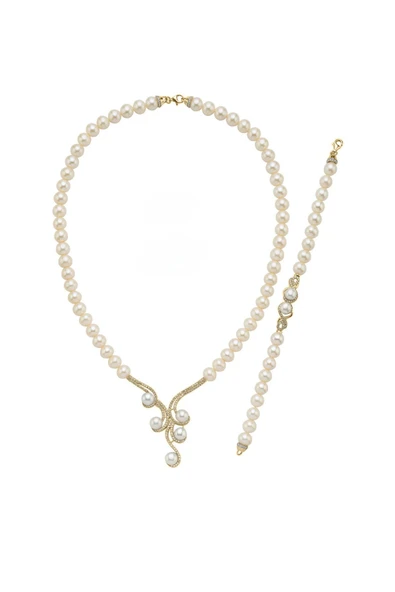 7,5 mm Kadın Zirkon Taşlı Suyolu Doğal İnci Kolye Bileklik İkili Set - 6