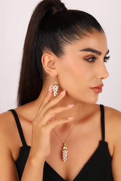 Üzümlü Doğal İnci Küpe Kolye İkili Set - 4