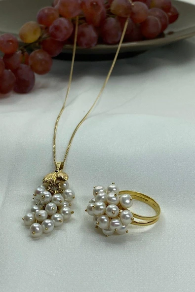 4,5 mm Üzüm Salkımı Doğal İnci Kolye Yüzük İkili Set - 3