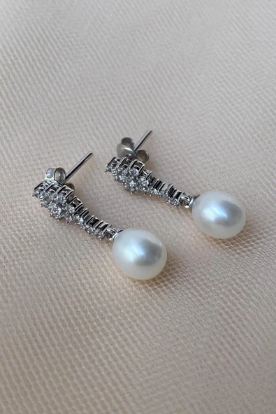 7,5 mm Dörtgen Taşlı Doğal İnci Sallantılı Küpe ürün görseli 1