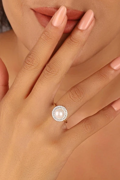 Doğal İnci Taşlı Küpe Kolye Yüzük Üçlü Set - 5