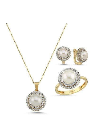 Doğal İnci Taşlı Küpe Kolye Yüzük Üçlü Set - 6