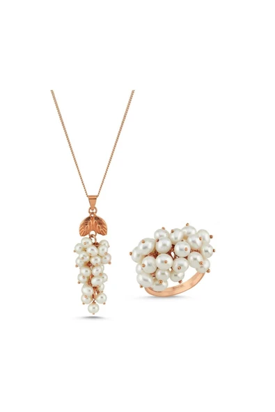 4,5 mm Üzüm Salkımı Doğal İnci Kolye Yüzük İkili Set - 8