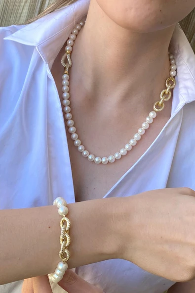 7,5 mm Zincir Detaylı Doğal İnci Kolye Bileklik İkili Set - 2