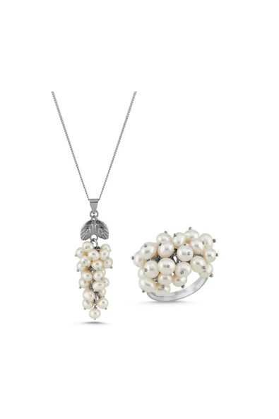 4,5 mm Üzüm Salkımı Doğal İnci Kolye Yüzük İkili Set - 9