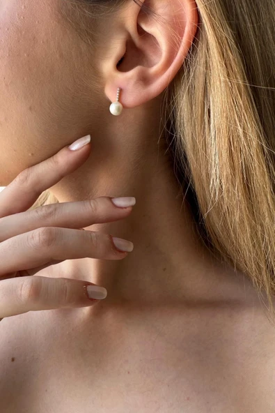 6,5 mm Zirkon Taşlı Doğal İnci Küpe - Resim 2