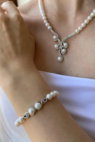 7,5 mm Kadın Zirkon Taşlı Suyolu Doğal İnci Kolye Bileklik İkili Set - 2