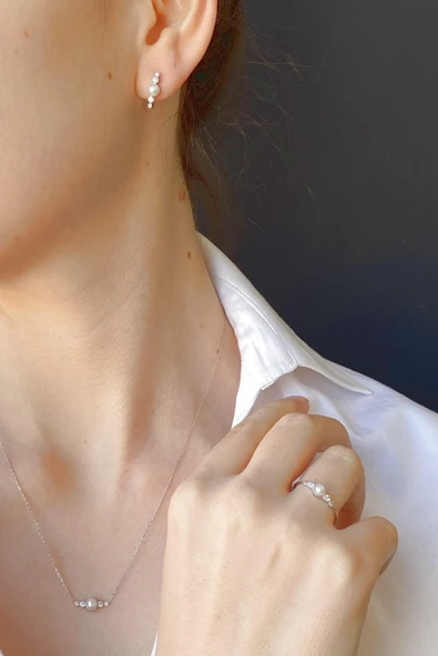 Çıtır Doğal İncili 0,45 Karat Pırlanta Küpe Kolye Yüzük Üçlü Set - Resim 3