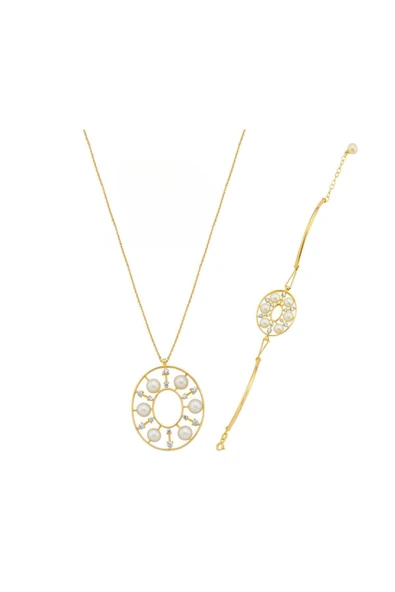 6,5 mm Tasarımlı Doğal İncili Kolye Bileklik İkili Set - 4