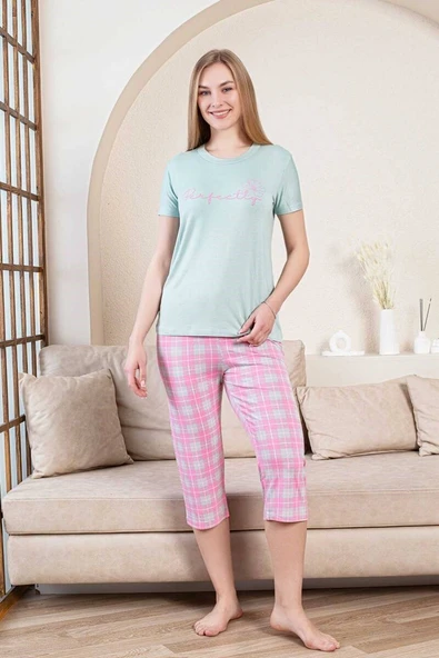 Kadın Su Yeşili Pembe Ekose Desen Bisiklet Yaka Düğmesiz Likralı Bambu Kısa Kol Kapri Pijama Takımı - 2