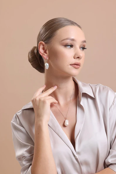 12,5 mm Barok Doğal İnci Küpe Kolye İkili Set - 2