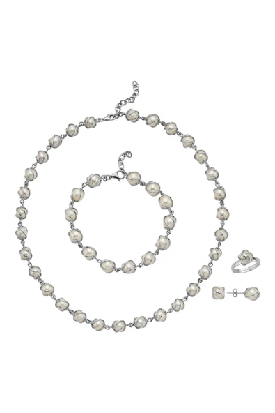 8,5 mm Kafes Doğal İncili Küpe Kolye Bileklik Yüzük Dörtlü Set - 7