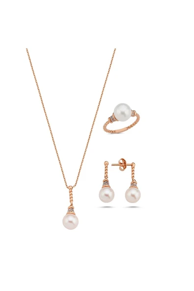 8,5 mm Burgulu Zirkon Taşlı Doğal İnci Küpe Kolye Yüzük Üçlü Set - 5