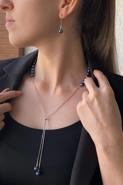 8,5 mm Asansörlü Yarı Doğal İnci Yarı Zincir Kadın Küpe Kolye İkili Set