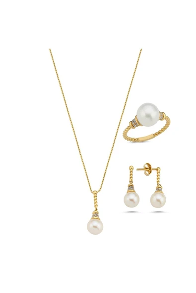 8,5 mm Burgulu Zirkon Taşlı Doğal İnci Küpe Kolye Yüzük Üçlü Set - 7