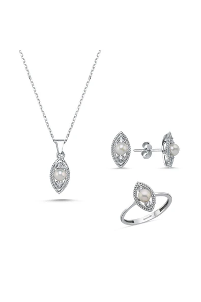 Göz Tek Doğal İncili 0,60 Karat Pırlanta Küpe Kolye Yüzük Üçlü Set - Resim 10