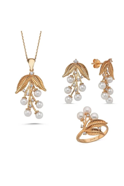 4,5 mm Zeytin Dalı Doğal İncili Kolye Yüzük İkili Set - 5