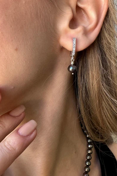 8,5 mm Zirkon Taşlı Halka Kilitli Doğal İnci Küpe Kolye Bileklik Üçlü Set - 3