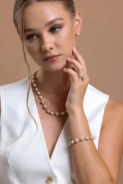 8,5 mm Kafes Doğal İncili Küpe Kolye Bileklik Yüzük Dörtlü Set