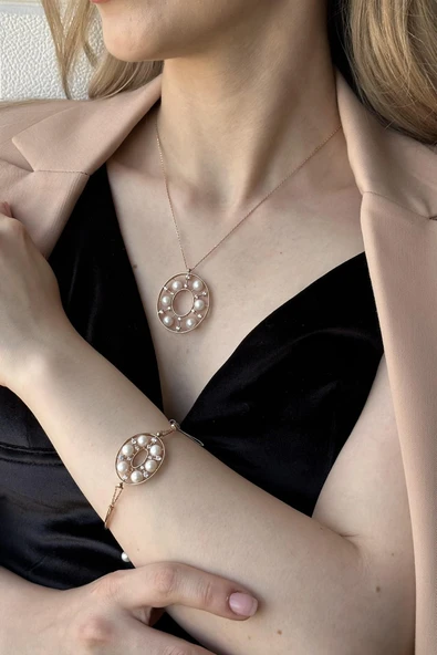 6,5 mm Tasarımlı Doğal İncili Kolye Bileklik İkili Set