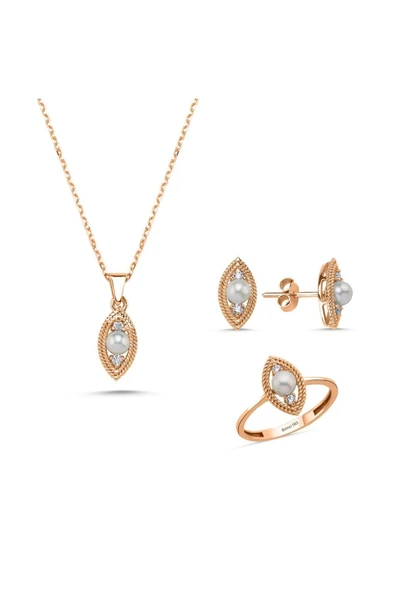 Göz Tek Doğal İncili 0,60 Karat Pırlanta Küpe Kolye Yüzük Üçlü Set - Resim 2