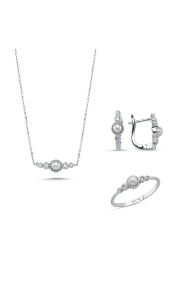 Çıtır Doğal İncili 0,45 Karat Pırlanta Küpe Kolye Yüzük Üçlü Set - Resim 8