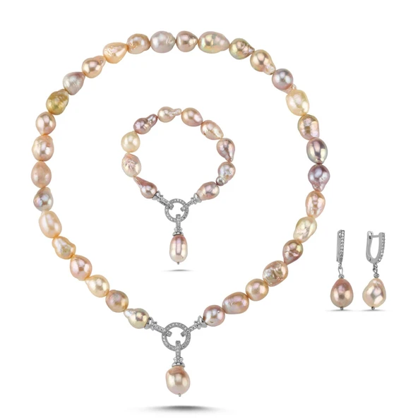 10,5 mm Halka Kilitli Multicolor Doğal Barok İnci Küpe Kolye Bileklik Üçlü Set - 5