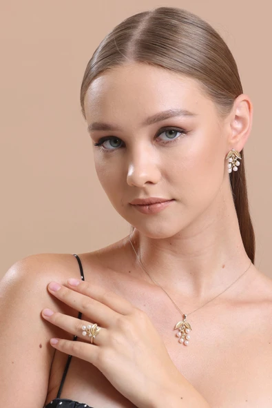 4,5 mm Zeytin Dalı Doğal İncili Kolye Yüzük İkili Set