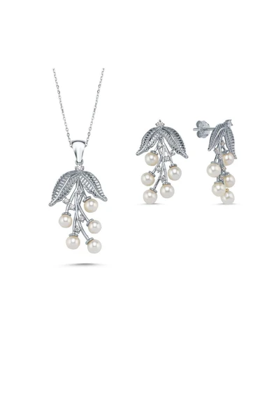 4,5 mm Zeytin Dalı Doğal İncili Küpe Kolye İkili Set - 5