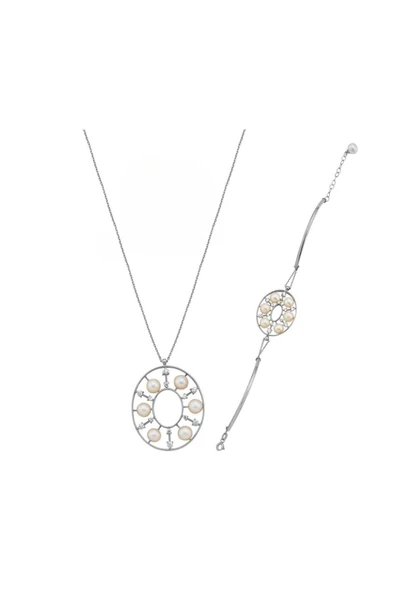 6,5 mm Tasarımlı Doğal İncili Kolye Bileklik İkili Set - 6