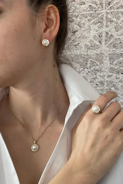 6,5 mm Doğal İnci Küpe Kolye Yüzük Üçlü Set