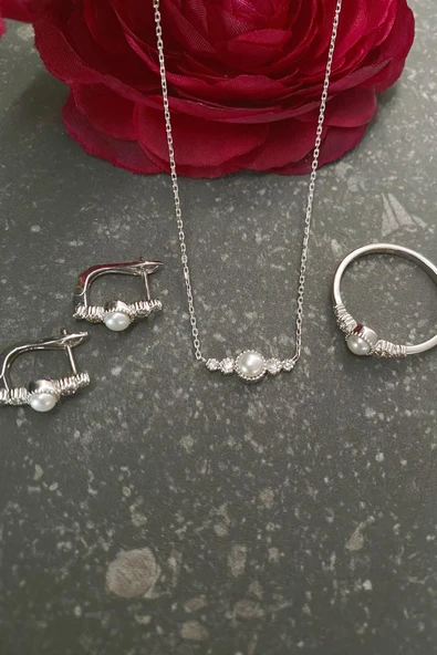 Çıtır Doğal İncili 0,45 Karat Pırlanta Küpe Kolye Yüzük Üçlü Set - Resim 4