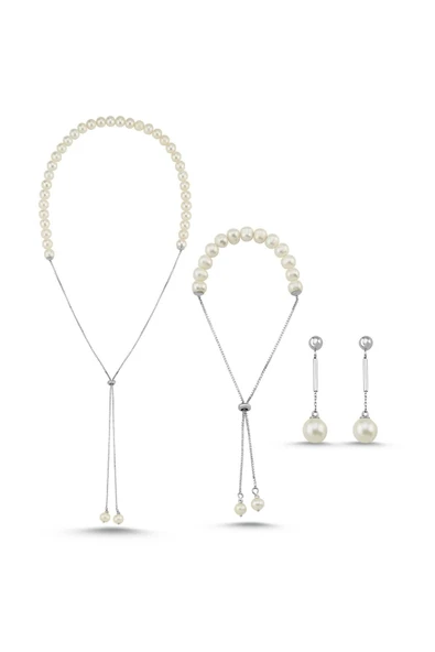 7,5 mm Asansör Zincirli Doğal İnci Küpe Kolye Bileklik Üçlü Set - 6