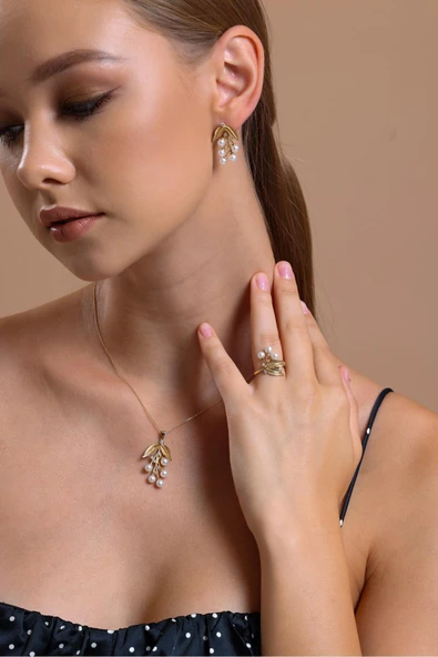 4,5 mm Zeytin Dalı Doğal İncili Küpe Kolye Yüzük Üçlü Set