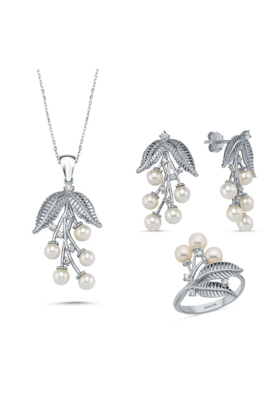 4,5 mm Zeytin Dalı Doğal İncili Kolye Yüzük İkili Set - 9