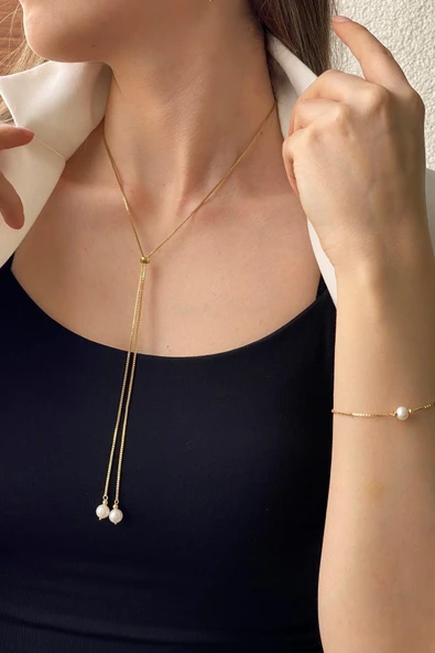 7,5 mm Asansör Zincirli Doğal İnci Kolye