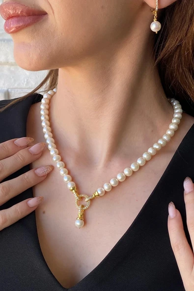 Halka Kilitli Doğal İnci Küpe Kolye Bileklik Üçlü Set - Resim 2