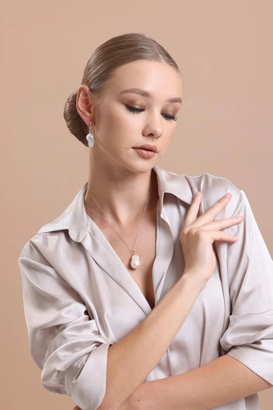 12,5 mm Barok Doğal İnci Küpe Kolye İkili Set