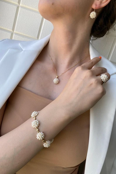 3,5 mm Prenses Model Doğal İnci Küpe Kolye Bileklik Yüzük Dörtlü Set - 2