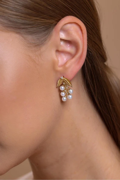 4,5 mm Zeytin Dalı Doğal İnci Küpe Yüzük İkili Set - 2