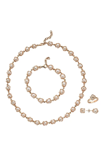 8,5 mm Kafes Doğal İncili Küpe Kolye Bileklik Yüzük Dörtlü Set - 6