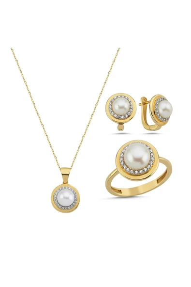 6,5 mm Doğal İnci Küpe Kolye Yüzük Üçlü Set - 6