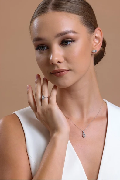 Göz Tek Doğal İncili 0,60 Karat Pırlanta Küpe Kolye Yüzük Üçlü Set - Resim 3