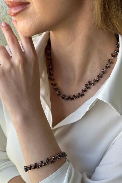 4,5 mm Sallantılı Doğal İnci Kolye Bileklik İkili Set - 4