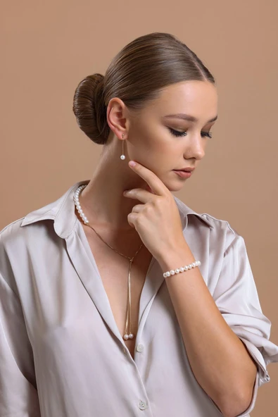 7,5 mm Asansör Zincirli Doğal İnci Küpe Kolye Bileklik Üçlü Set - 2