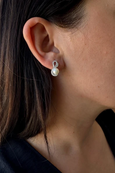 6,5 mm Sonsuzluk Modeli Zirkon Taşlı İnci Küpe - 2